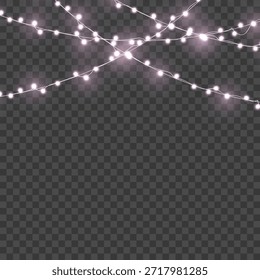 Navidades Pink Crossed Glowing String Lights Border sobre fondo transparente. Ilustración vectorial