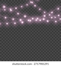 Navidades Pink Crossed Glowing String Lights Border sobre fondo transparente. Ilustración vectorial