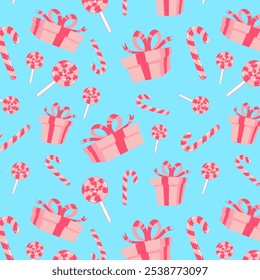 Christmas pink endless pattern. Present, candies, candy