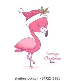 Christmas pink flamingo in Santa hat with holly. Cute holiday cartoon kawaii bird character. Vector illustration. Cool Xmas card