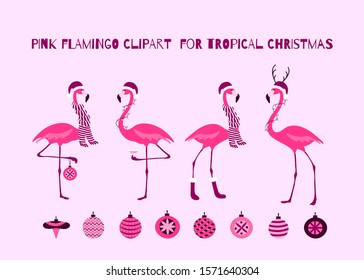Christmas Pink Flamingo Set for Tropical Christmas Design. Birds in Santa hats, scarfs, garland, glass of champagne, Christmas baubles. 