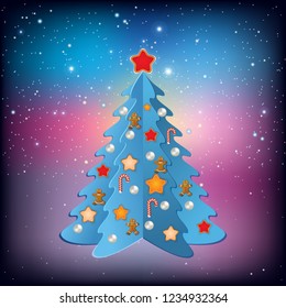 Christmas pink greeting with blue tree and decorations