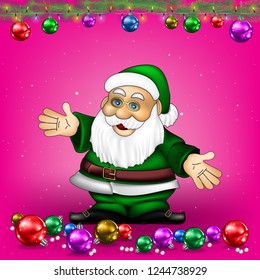 Christmas pink greeting with Santa Claus decorations and snowflakes