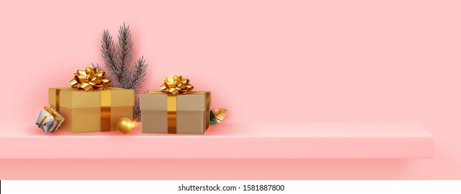 Christmas pink horizontal banner. Shelf and podium display with space for text. Realistic gifts boxes, pine and spruce branch. Xmas background design, presents gift box. vector illustration