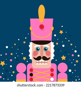 Christmas Pink Nutcracker. Doll guard. Cute soldier toy. December Ballet party. Creative Merry Xmas invitation. Happy New Year. Winter holidays.