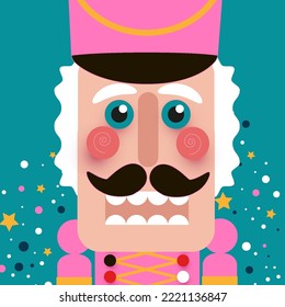 Christmas Pink Nutcracker. Doll guard. Cute soldier toy. December Ballet party. Creative Merry Xmas invitation. Happy New Year. Winter holidays. Vector.