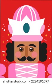 Christmas Pink Nutcracker, Doll guard in paper cut style. Cute soldier toy. December Ballet party. Creative Merry Xmas invitation. Happy New Year. Winter holidays on red. Vector