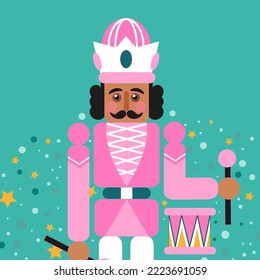 Christmas Pink Nutcracker with drum. Doll guard. Cute soldier toy. December Ballet party. Creative Merry Xmas invitation. Happy New Year. Winter holidays on green. Vector.