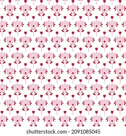 Christmas pink pattern with hearts on white background.Vintage Floral Pattern, Seamless Background.Seamless abstract floral pattern. Geometric leaf ornament. Graphic modern pattern. 