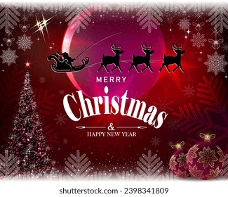 Christmas pink, red card with a Christmas tree, balls and Santa Claus riding in a harness on deer