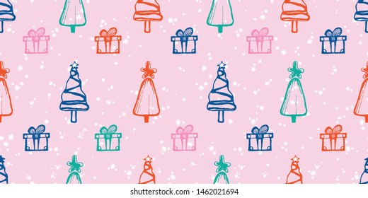 Christmas pink seamless horizontal pattern. Simple doodle trees,gifts,snowflakes.Festive background,greeting card or wrapping paper,banner,baby clothes,fabric,web,textile.Vector illustration.