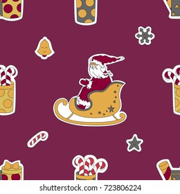 Christmas pink seamless pattern background. Santa Claus, gifts and candy vector illustration. Template design for New Year.
