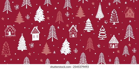 Christmas pink and White House, tree, pattern on red background, Hand drawn illustrations.