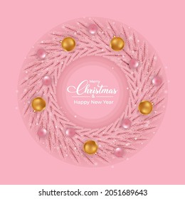 Christmas pink wreath design with pink and golden decoration light balls. Pink color girly wreath design with golden light balls. Christmas wreath design with calligraphy and pink color background.