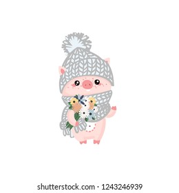 Christmas pinky piggy with a hat and scarf.. New Year, postman, packaging, symbol of the year, 2019, postcard, invitation . Chinese New Year symbol 