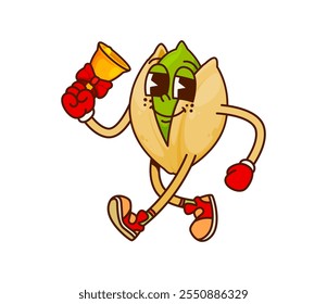 Christmas pistachio nut groovy character, joyfully ringing golden bell. Isolated vector retro snack personage decked out in festive red gloves and shoes, capturing Xmas holiday spirit and vintage vibe