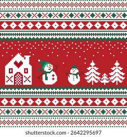 Christmas Pixel Art Background with Snowmen, Trees and Houses