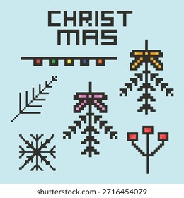  Navidades Pixel Art Icon Set con muñeco de nieve de Santa Claus y decoraciones de Festiva