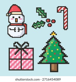  Christmas Pixel Art Icon Set with Santa Claus Snowman and Holiday Decorations