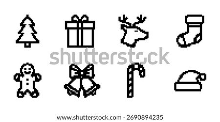 Christmas Pixel Art Icons Featuring Tree Gift Reindeer Stocking Man Bells Candy Cane Hat