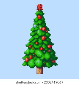 Christmas pixel art New Year tree spruce with gifts and decoration. Illustration in pixel 8-bit art style