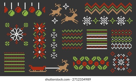 Navidades Pixel Art Pattern con Elementos retro Festiva Set Ilustración vectorial