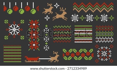 Christmas Pixel Art Pattern With Retro Holiday Elements Set Vector Illustration