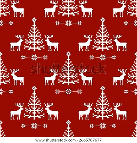 Christmas Pixel Art Pattern with white Reindeer and Christmas Trees, Festive Seamless Nordic Cross-Stitch Design for Winter Holiday, Knitted Sweater, and Seasonal Decorative Background