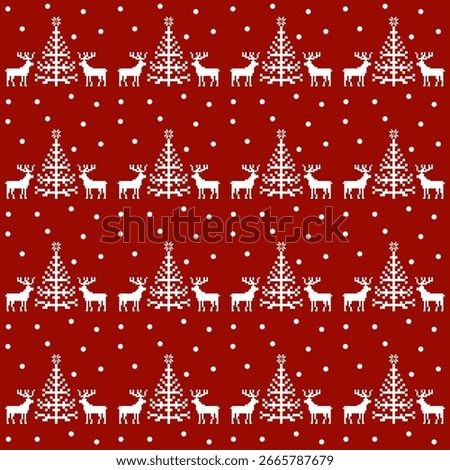 Christmas Pixel Art Pattern with white Reindeer and Christmas Trees, Festive Seamless Nordic Cross-Stitch Design for Winter Holiday, Knitted Sweater, and Seasonal Decorative Background