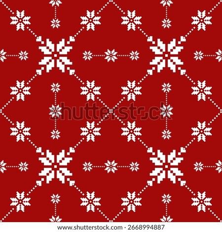 Christmas Pixel Art Pattern with white snowflakes . Festive Seamless Nordic Cross-Stitch Design for Winter Holiday, Knitted Sweater, and Seasonal Decorative Background