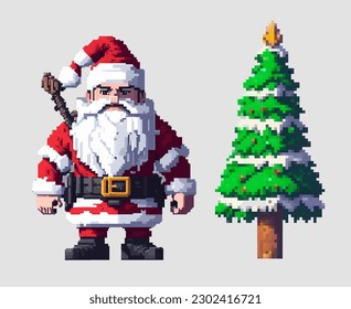 Christmas pixel art Santa Claus in a festive costume came to the holiday to congratulate children and adults with gifts. Illustration in pixel art 8-bit style