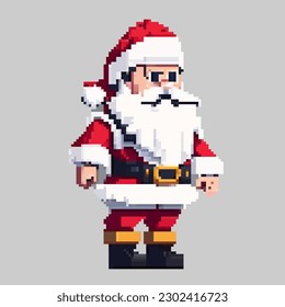 Christmas pixel art Santa Claus in a festive costume came to the holiday to congratulate children and adults with gifts. Illustration in pixel art 8-bit style