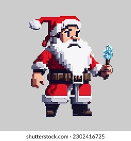 Christmas pixel art Santa Claus in a festive costume came to the holiday to congratulate children and adults with gifts. Illustration in pixel art 8-bit style