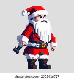 Christmas pixel art Santa Claus in a festive costume came to the holiday to congratulate children and adults with gifts. Illustration in pixel art 8-bit style