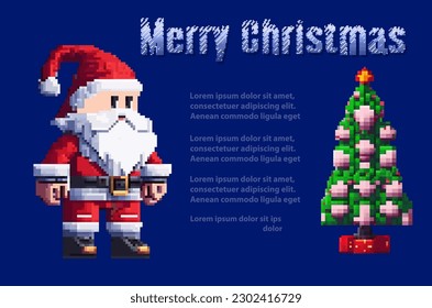 Christmas pixel art Santa Claus in a festive costume came to the holiday to congratulate children and adults with gifts. Illustration in pixel art 8-bit style