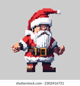 Christmas pixel art Santa Claus in a festive costume came to the holiday to congratulate children and adults with gifts. Illustration in pixel art 8-bit style