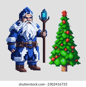 Christmas pixel art Santa Claus in a festive costume came to the holiday to congratulate children and adults with gifts. Illustration in pixel art 8-bit style