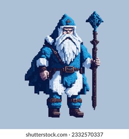 Christmas pixel art Santa Claus, Father Frost in a festive costume came to the holiday to congratulate children and adults with gifts. Illustration in pixel art 8-bit style