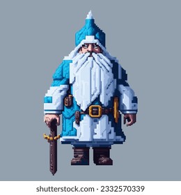 Christmas pixel art Santa Claus, Father Frost in a festive costume came to the holiday to congratulate children and adults with gifts. Illustration in pixel art 8-bit style