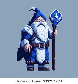 Christmas pixel art Santa Claus, Father Frost in a festive costume came to the holiday to congratulate children and adults with gifts. Illustration in pixel art 8-bit style