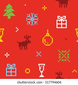 Christmas pixel art seamless background with deers