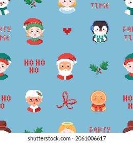 Christmas pixel art seamless pattern with Gingerbread cookie man, santa elf, granny mrs Claus, penguin, ho ho ho text and christmas wreath. Vector square tile background illustration.
