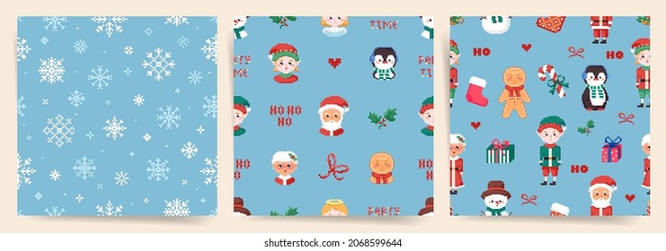 Christmas pixel art seamless patterns set. Square repeat tile set with snowflakes, santa claus, penguin, mrs claus, gifts, elf, cookie, other winter stuff. Vector 8 bit backgrounds prints collection 
