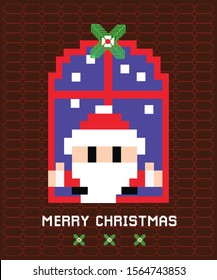 Christmas pixel art set with cute Santa Claus including seamless patterns and festive color background