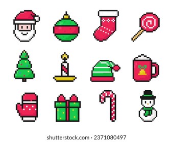 christmas pixel art set of icons, vintage, 8 bit, 80s, 90s games, computer arcade game items, santa, ball, sock, lollipop, tree, candle, elf hat, mug, glove, gift, candy, snowman, vector illustration