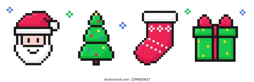 christmas pixel art set of icons, vintage, 8 bit, 80s, 90s games, computer arcade game items, santa, tree, gift, sock, vector illustration