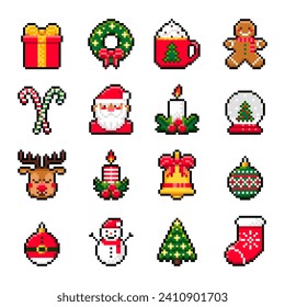 Christmas pixel art set. Isolated icons with Santa Claus, deer, snowman, gingerbread, gift box, candy cane in 16-bit old style. Vector illustration of New Year elements.