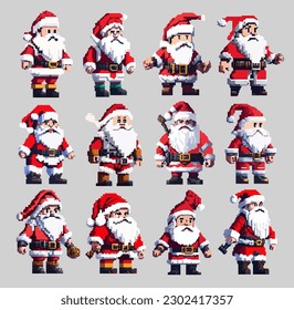 Christmas pixel art set Santa Claus in a festive costume came to the holiday to congratulate children and adults with gifts. Illustration in pixel art 8-bit style