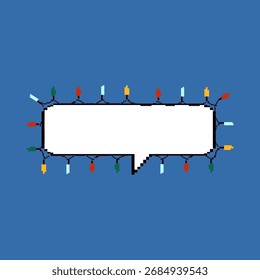 Christmas Pixel art speech bubble with festive colorful lights on blue background