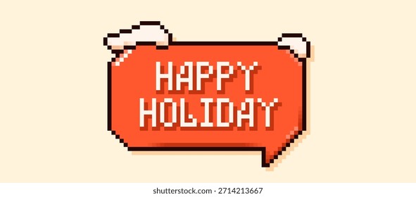 Navidades pixel art speech bubble con texto de Festiva feliz y pilas de nieve.